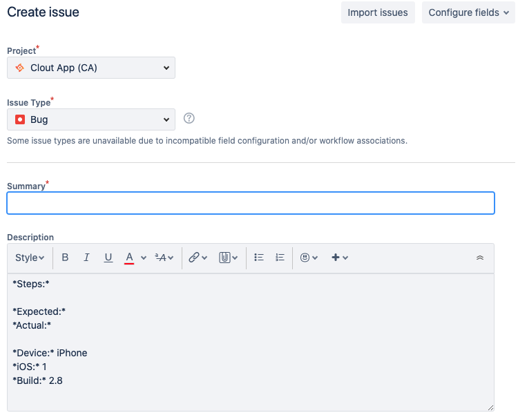 JIRA bug template example